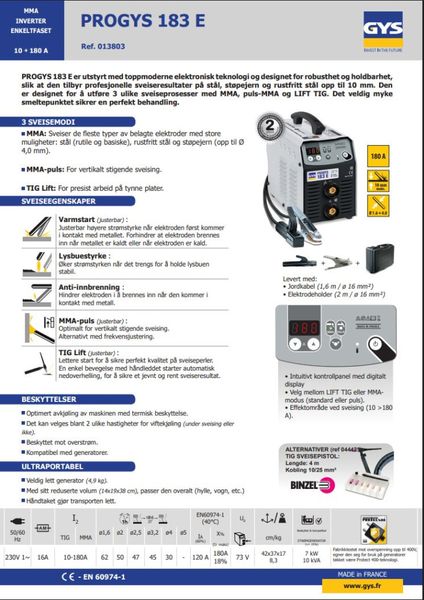 PROGYS 183 E (MMA) – Kampanjepris kr 3 000,- eks. mva